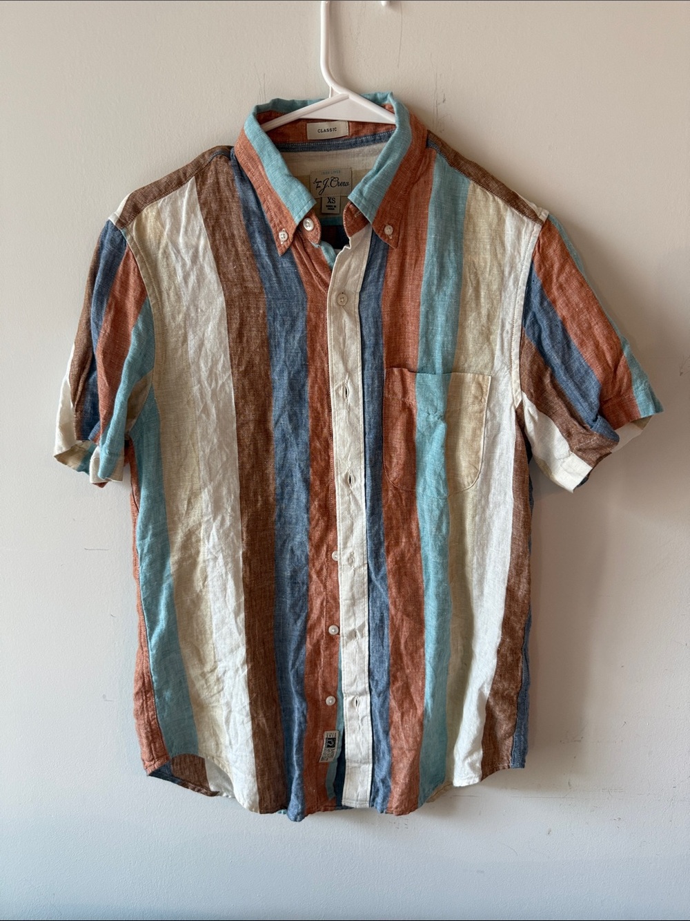 J. Crew Short-Sleeve Button-Down Shirt in Rust, Teal, Brown and Cream